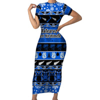 Personalised New Zealand Christmas Family Matching Short Sleeve Bodycon Dress and Hawaiian Shirt Aotearoa Kiwi Meri Kirihimete Blue Version - Wonder Print Shop