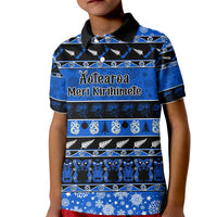 Personalised New Zealand Christmas Kid Polo Shirt Aotearoa Kiwi Meri Kirihimete Blue Version - Wonder Print Shop
