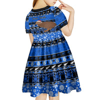 Personalised New Zealand Christmas Kid Short Sleeve Dress Aotearoa Kiwi Meri Kirihimete Blue Version - Wonder Print Shop