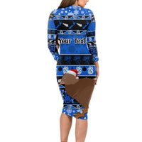 Personalised New Zealand Christmas Long Sleeve Bodycon Dress Aotearoa Kiwi Meri Kirihimete Blue Version - Wonder Print Shop