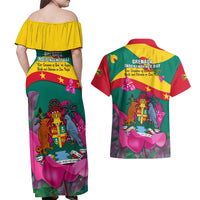 Grenada Independence Day Couples Matching Off Shoulder Maxi Dress and Hawaiian Shirt Gwenad Bougainvillea Flowers - Wonder Print Shop