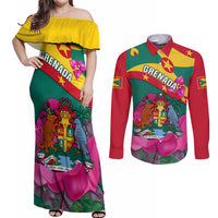 Grenada Independence Day Couples Matching Off Shoulder Maxi Dress and Long Sleeve Button Shirt Gwenad Bougainvillea Flowers - Wonder Print Shop