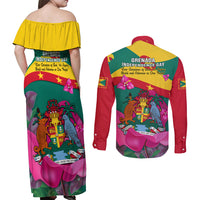 Grenada Independence Day Couples Matching Off Shoulder Maxi Dress and Long Sleeve Button Shirt Gwenad Bougainvillea Flowers - Wonder Print Shop