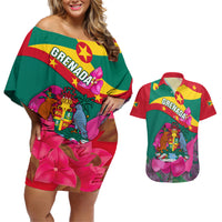 Grenada Independence Day Couples Matching Off Shoulder Short Dress and Hawaiian Shirt Gwenad Bougainvillea Flowers - Wonder Print Shop