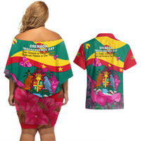 Grenada Independence Day Couples Matching Off Shoulder Short Dress and Hawaiian Shirt Gwenad Bougainvillea Flowers - Wonder Print Shop