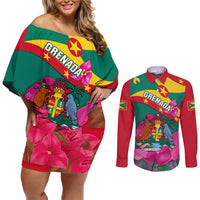 Grenada Independence Day Couples Matching Off Shoulder Short Dress and Long Sleeve Button Shirt Gwenad Bougainvillea Flowers - Wonder Print Shop