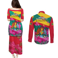 Grenada Independence Day Couples Matching Puletasi Dress and Long Sleeve Button Shirt Gwenad Bougainvillea Flowers - Wonder Print Shop