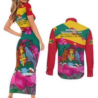 Grenada Independence Day Couples Matching Short Sleeve Bodycon Dress and Long Sleeve Button Shirt Gwenad Bougainvillea Flowers - Wonder Print Shop