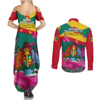 Grenada Independence Day Couples Matching Summer Maxi Dress and Long Sleeve Button Shirt Gwenad Bougainvillea Flowers - Wonder Print Shop