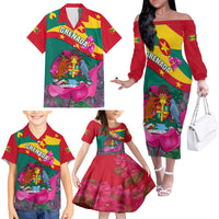 Grenada Independence Day Family Matching Off Shoulder Long Sleeve Dress and Hawaiian Shirt Gwenad Bougainvillea Flowers - Wonder Print Shop
