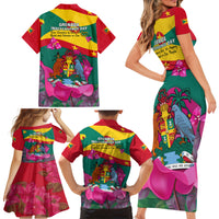 Grenada Independence Day Family Matching Short Sleeve Bodycon Dress and Hawaiian Shirt Gwenad Bougainvillea Flowers - Wonder Print Shop