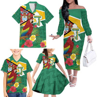 Guyana Republic Day Family Matching Off The Shoulder Long Sleeve Dress and Hawaiian Shirt Scarlet Macaw With Map Tropical Style