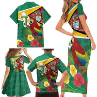 Guyana Republic Day Family Matching Short Sleeve Bodycon Dress and Hawaiian Shirt Scarlet Macaw With Map Tropical Style