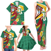 Guyana Republic Day Family Matching Tank Maxi Dress and Hawaiian Shirt Scarlet Macaw With Map Tropical Style