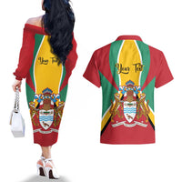 Personalized Guyana Coat Of Arms Couples Matching Off The Shoulder Long Sleeve Dress and Hawaiian Shirt Flag Color