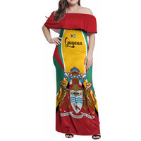 Personalized Guyana Coat Of Arms Family Matching Off Shoulder Maxi Dress and Hawaiian Shirt Flag Color
