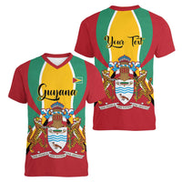 Personalized Guyana Coat Of Arms Women V-Neck T-Shirt Flag Color - Wonder Print Shop