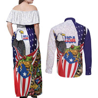 United States Puerto Rico Couples Matching Off Shoulder Maxi Dress and Long Sleeve Button Shirt USA Curve Flag With Coqui Drum - Wonder Print Shop