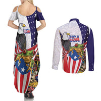 United States Puerto Rico Couples Matching Summer Maxi Dress and Long Sleeve Button Shirt USA Curve Flag With Coqui Drum - Wonder Print Shop