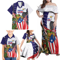 United States Puerto Rico Family Matching Off Shoulder Maxi Dress and Hawaiian Shirt USA Curve Flag With Coqui Drum - Wonder Print Shop