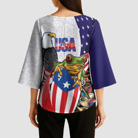 United States Puerto Rico Kimono Sleeve Blouse USA Curve Flag With Coqui Drum - Wonder Print Shop