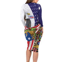 United States Puerto Rico Long Sleeve Bodycon Dress USA Curve Flag With Coqui Drum - Wonder Print Shop