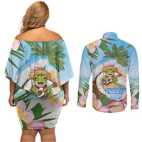 Puerto Rico Pava Coqui Couples Matching Off Shoulder Short Dress and Long Sleeve Button Shirt Spirit Frog Tropical Beach Vibes - Wonder Print Shop