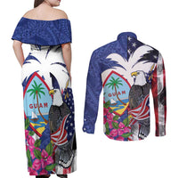 United States Guam Couples Matching Off Shoulder Maxi Dress and Long Sleeve Button Shirt USA Eagle Guahan Seal Bougainvillea - Wonder Print Shop