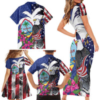 United States Guam Family Matching Short Sleeve Bodycon Dress and Hawaiian Shirt USA Eagle Guahan Seal Bougainvillea - Wonder Print Shop