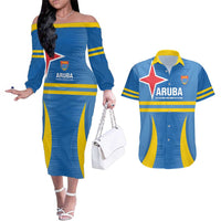 Custom Aruba Football Couples Matching Off The Shoulder Long Sleeve Dress and Hawaiian Shirt 2025 Go Champions Flag Color