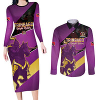 Custom Trinidad and Tobago Cricket Couples Matching Long Sleeve Bodycon Dress and Long Sleeve Button Shirt Come On Knight Riders Purple Version