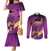 Custom Trinidad and Tobago Cricket Couples Matching Mermaid Dress and Long Sleeve Button Shirt Come On Knight Riders Purple Version