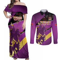 Custom Trinidad and Tobago Cricket Couples Matching Off Shoulder Maxi Dress and Long Sleeve Button Shirt Come On Knight Riders Purple Version