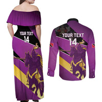 Custom Trinidad and Tobago Cricket Couples Matching Off Shoulder Maxi Dress and Long Sleeve Button Shirt Come On Knight Riders Purple Version