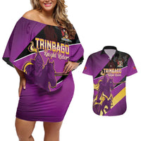 Custom Trinidad and Tobago Cricket Couples Matching Off Shoulder Short Dress and Hawaiian Shirt Come On Knight Riders Purple Version