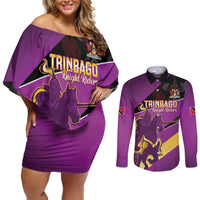 Custom Trinidad and Tobago Cricket Couples Matching Off Shoulder Short Dress and Long Sleeve Button Shirt Come On Knight Riders Purple Version