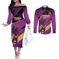 Custom Trinidad and Tobago Cricket Couples Matching Off The Shoulder Long Sleeve Dress and Long Sleeve Button Shirt Come On Knight Riders Purple Version
