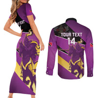 Custom Trinidad and Tobago Cricket Couples Matching Short Sleeve Bodycon Dress and Long Sleeve Button Shirt Come On Knight Riders Purple Version
