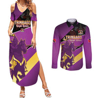 Custom Trinidad and Tobago Cricket Couples Matching Summer Maxi Dress and Long Sleeve Button Shirt Come On Knight Riders Purple Version