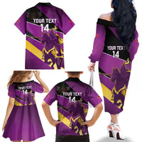 Custom Trinidad and Tobago Cricket Family Matching Off The Shoulder Long Sleeve Dress and Hawaiian Shirt Come On Knight Riders Purple Version
