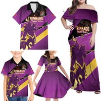 Custom Trinidad and Tobago Cricket Family Matching Off Shoulder Maxi Dress and Hawaiian Shirt Come On Knight Riders Purple Version