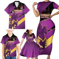 Custom Trinidad and Tobago Cricket Family Matching Short Sleeve Bodycon Dress and Hawaiian Shirt Come On Knight Riders Purple Version