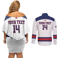 Custom United States Lacrosse Couples Matching Off Shoulder Short Dress and Long Sleeve Button Shirt Go Champions White Version