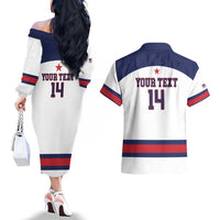 Custom United States Lacrosse Couples Matching Off The Shoulder Long Sleeve Dress and Hawaiian Shirt Go Champions White Version