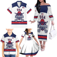 Custom United States Lacrosse Family Matching Off The Shoulder Long Sleeve Dress and Hawaiian Shirt Go Champions White Version