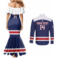 Custom United States Lacrosse Couples Matching Mermaid Dress and Long Sleeve Button Shirt Go Champions Blue Version