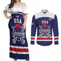 Custom United States Lacrosse Couples Matching Off Shoulder Maxi Dress and Long Sleeve Button Shirt Go Champions Blue Version