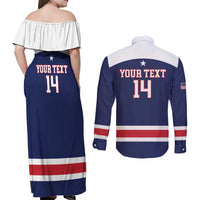 Custom United States Lacrosse Couples Matching Off Shoulder Maxi Dress and Long Sleeve Button Shirt Go Champions Blue Version