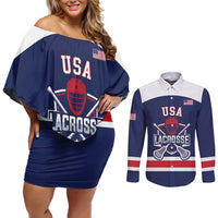 Custom United States Lacrosse Couples Matching Off Shoulder Short Dress and Long Sleeve Button Shirt Go Champions Blue Version