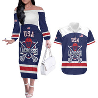 Custom United States Lacrosse Couples Matching Off The Shoulder Long Sleeve Dress and Hawaiian Shirt Go Champions Blue Version